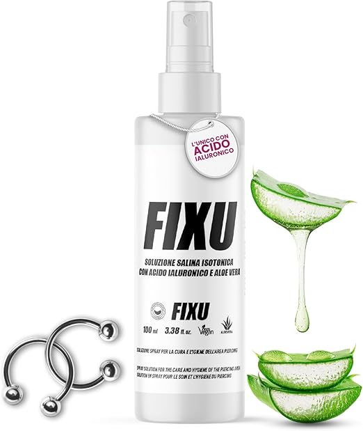 FIXU Soluzione Salina Piercing Spray 100ml Con Acido Ialuronico E Aloe Vera, Soluzione Fisiologica 100% Vegana, Deterge E Lenisce, Disinfettante Piercing Made In Italy